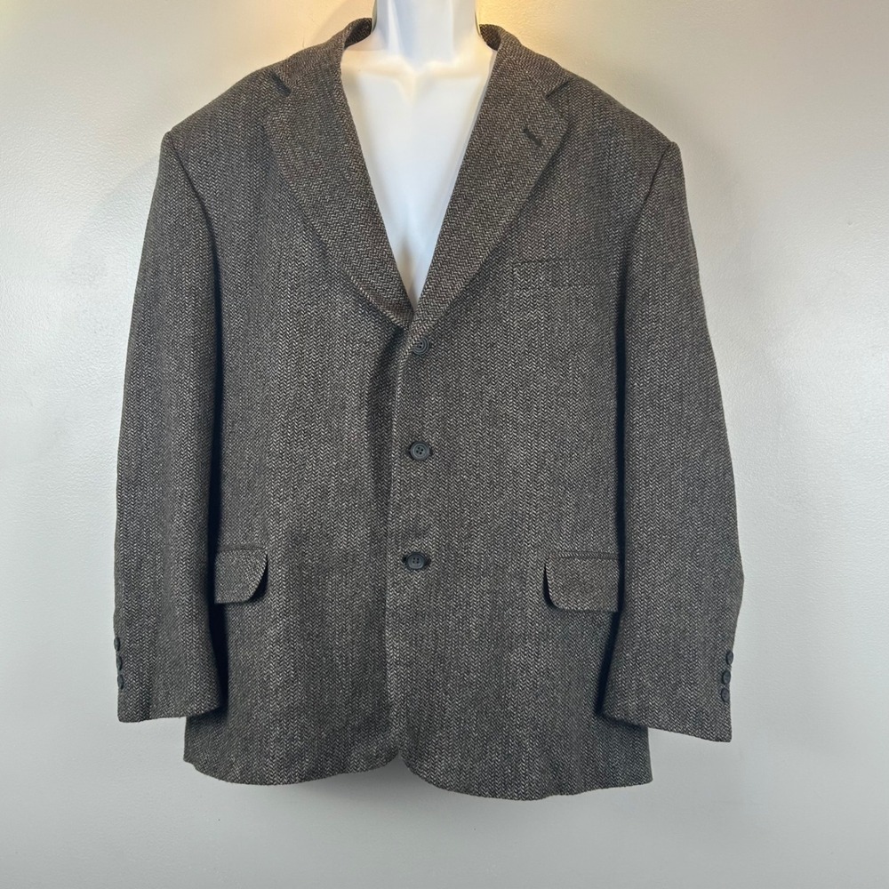 Stafford VTG Mens 50R Herringbone Tweed Blazer Lambswool Elbow Patches Brown USA